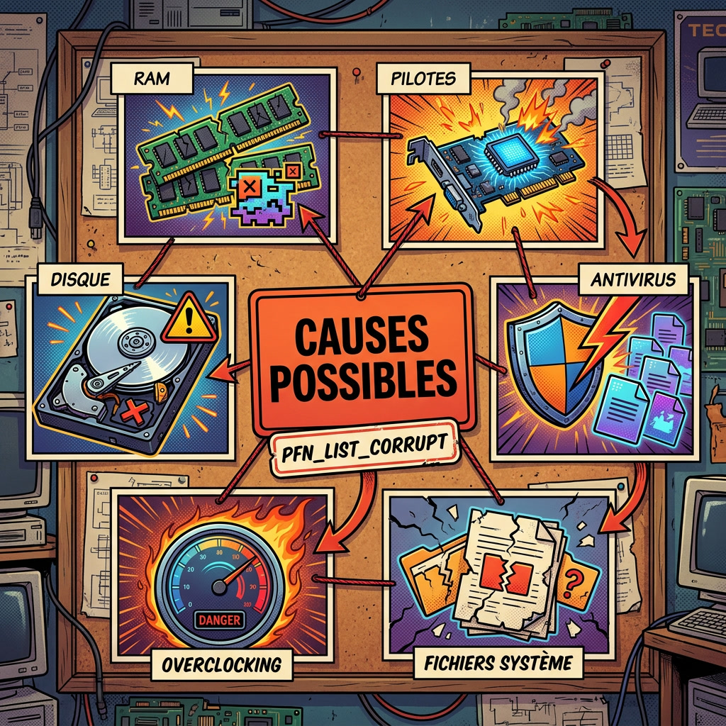 Infographie comics des causes possibles de PFN_LIST_CORRUPT avec RAM, pilotes, disque, antivirus et fichiers système