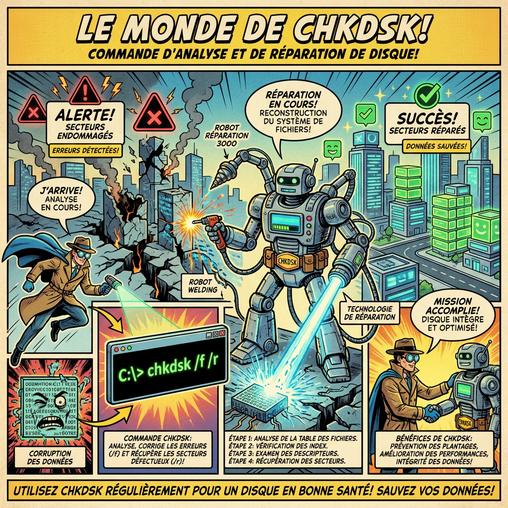 Infographie comics montrant comment CHKDSK détecte et corrige les erreurs du disque dur