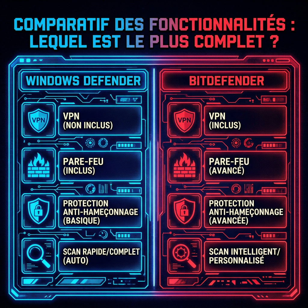 comparatif fonctionnalités antivirus Windows Defender vs Bitdefender vpn firewall phishing