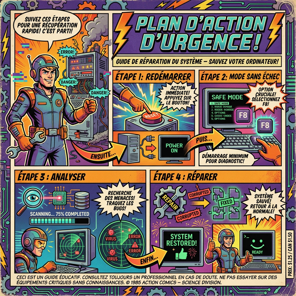 Infographie comics expliquant les premières actions à effectuer après une erreur Critical Process Died