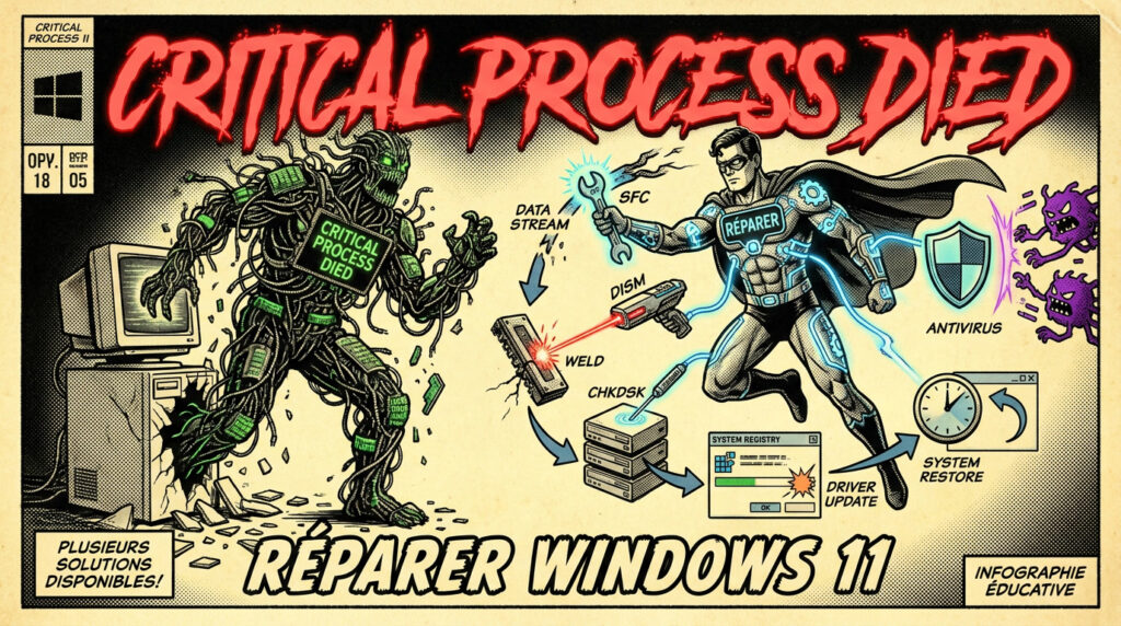 Illustration comics rétro montrant les principales solutions pour corriger Critical Process Died sur Windows 11