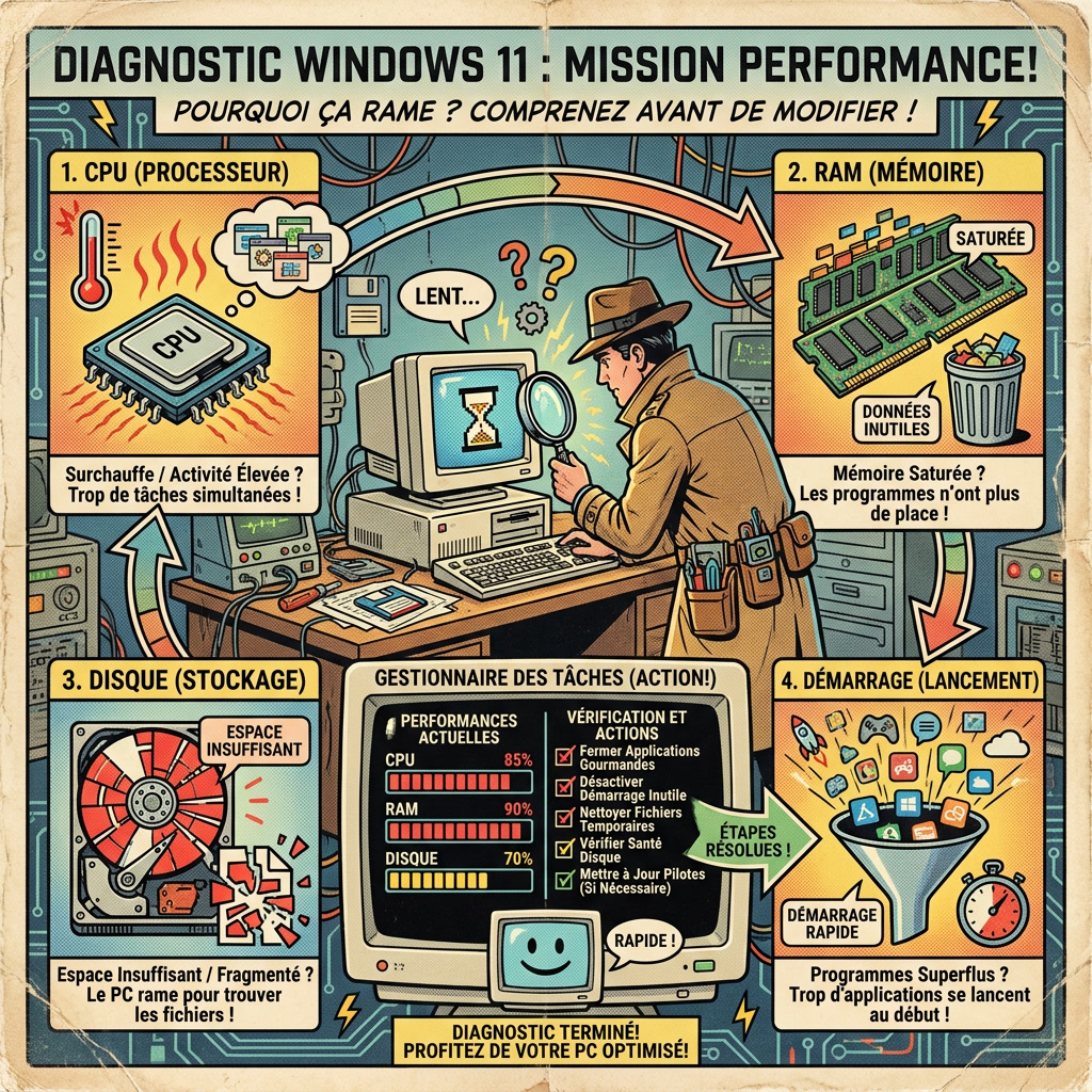 Infographie comics montrant le diagnostic rapide d’un PC Windows 11 lent