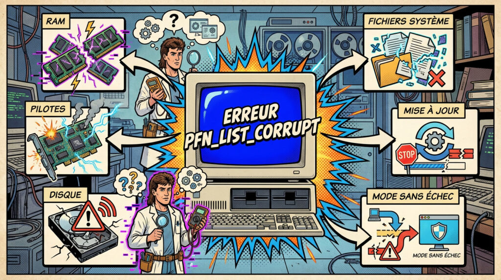 Illustration infographique comics années 80 de l’erreur PFN_LIST_CORRUPT sur Windows avec RAM, pilotes, disque et fichiers système