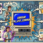 PFN_LIST_CORRUPT sur Windows 10 et 11 : comment corriger cette erreur Illustration infographique comics années 80 de l’erreur PFN_LIST_CORRUPT sur Windows avec RAM, pilotes, disque et fichiers système