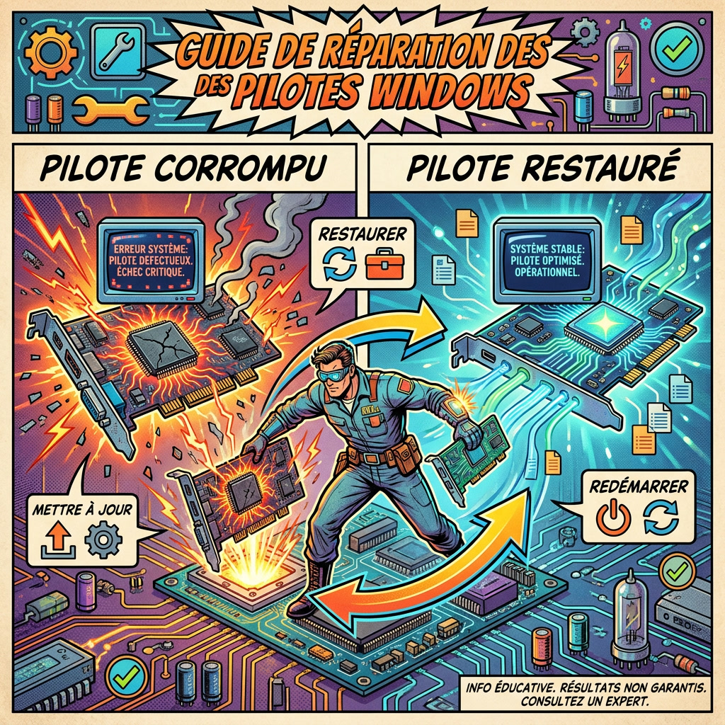 Infographie comics montrant la mise à jour et la restauration des pilotes pour corriger PFN_LIST_CORRUPT
