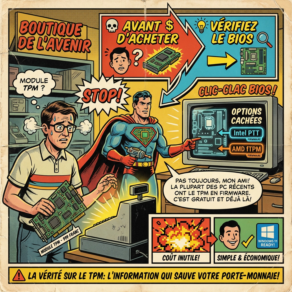 Infographie comics conseillant de vérifier Intel PTT ou AMD fTPM avant d’acheter un module TPM 2.0