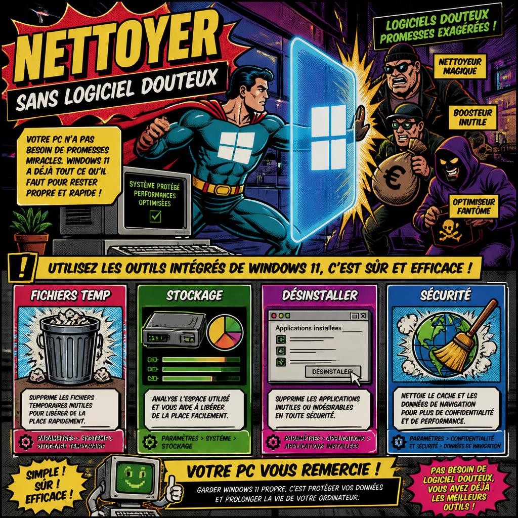 Infographie comics expliquant comment nettoyer Windows 11 sans logiciel douteux