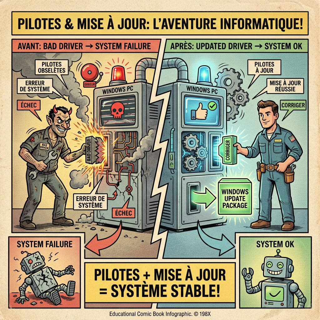 Infographie comics montrant comment les pilotes et les mises à jour Windows peuvent provoquer Critical Process Died