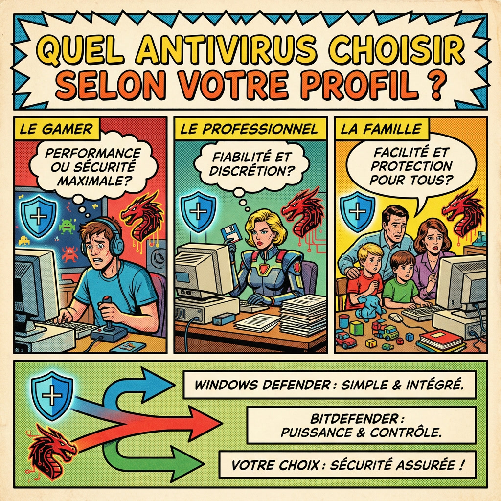 quel antivirus choisir selon profil utilisateur gamer professionnel Windows Defender Bitdefender