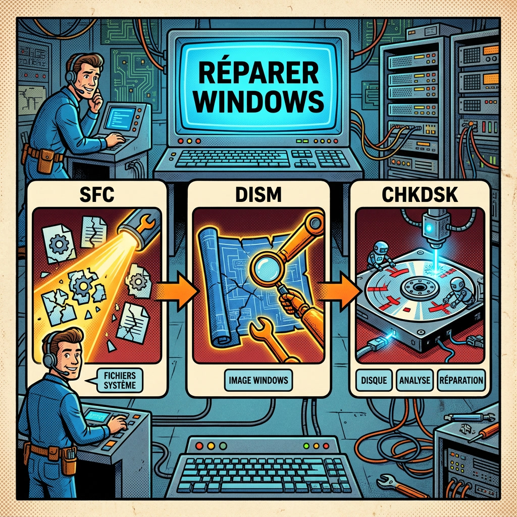 Infographie comics montrant SFC, DISM et CHKDSK pour réparer Windows après PFN_LIST_CORRUPT