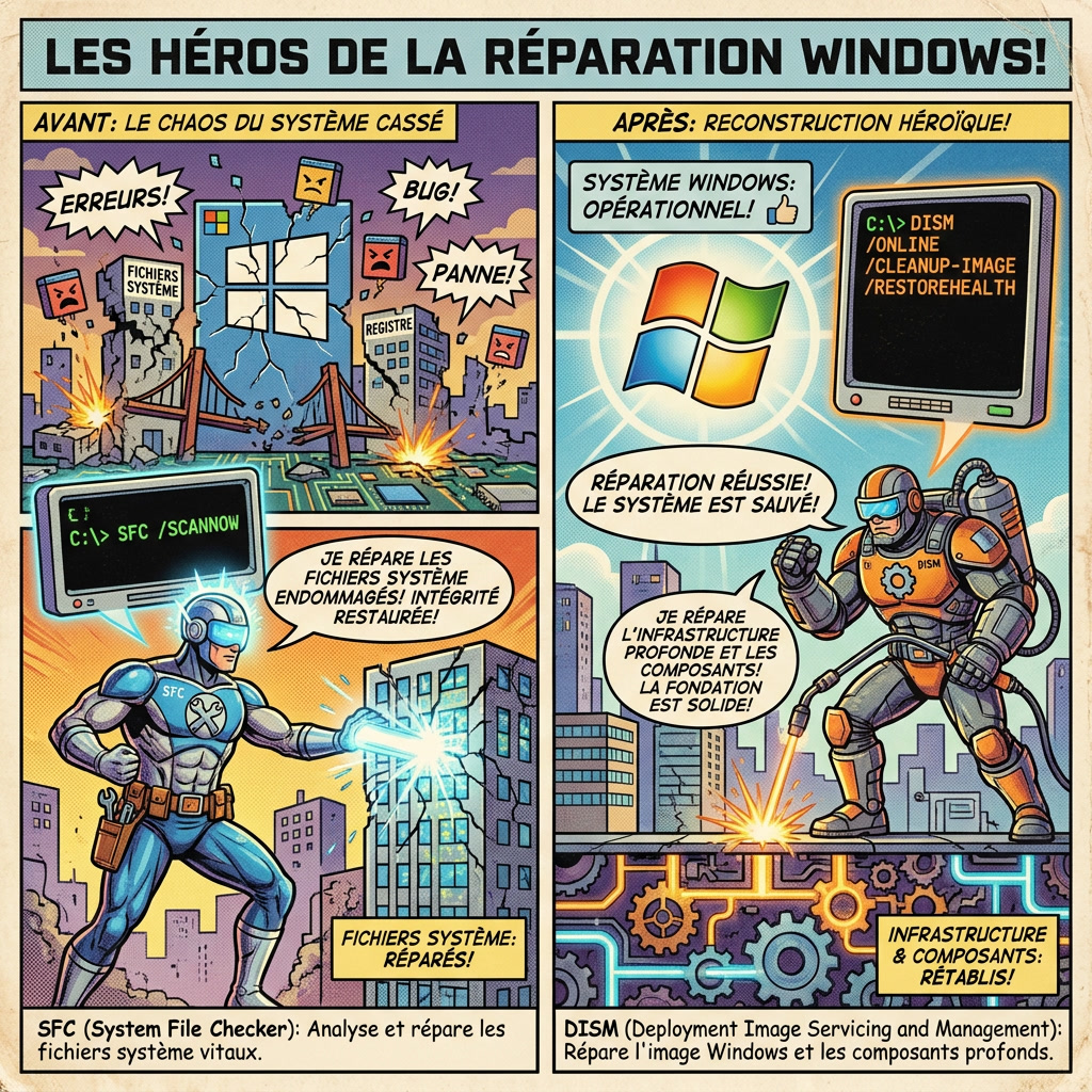 Infographie comics montrant comment SFC et DISM réparent les fichiers système Windows