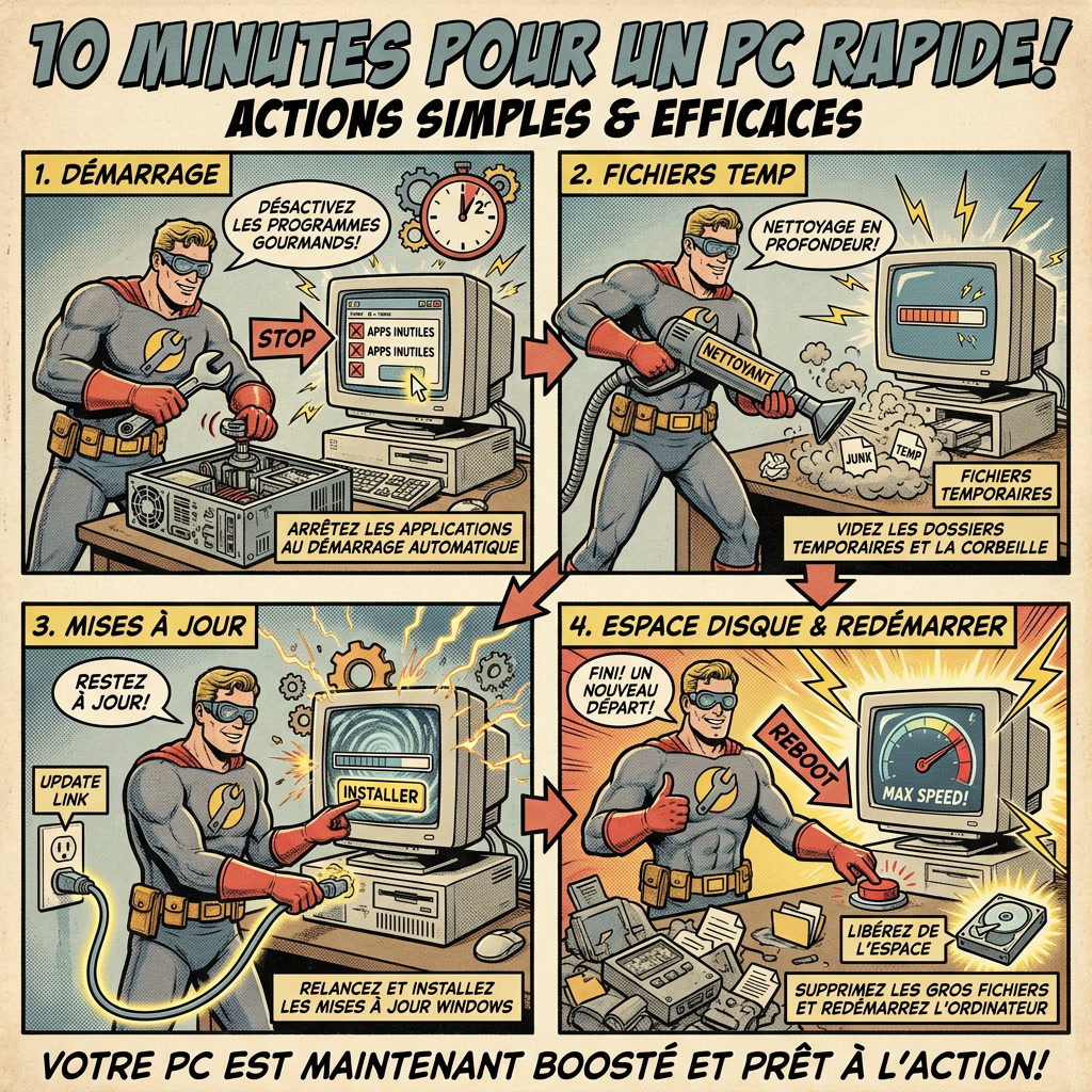 Infographie comics avec des solutions rapides pour accélérer Windows 11 en 10 minutes