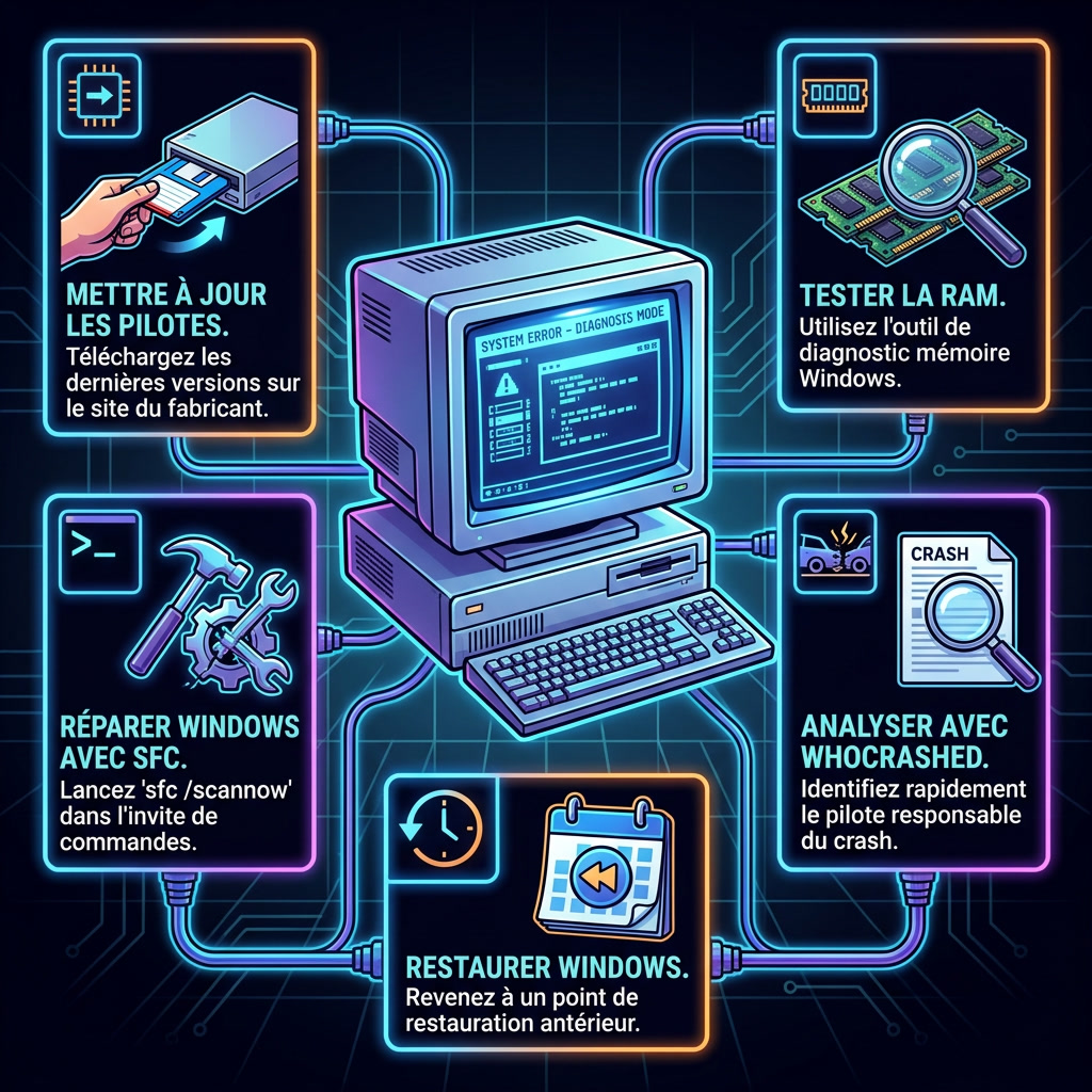infographie des solutions pour réparer un écran bleu Windows