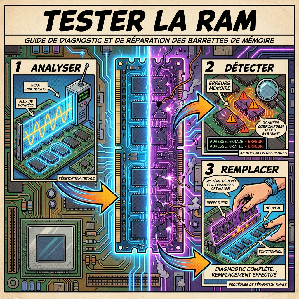 Infographie comics expliquant comment tester la mémoire RAM après une erreur PFN_LIST_CORRUPT