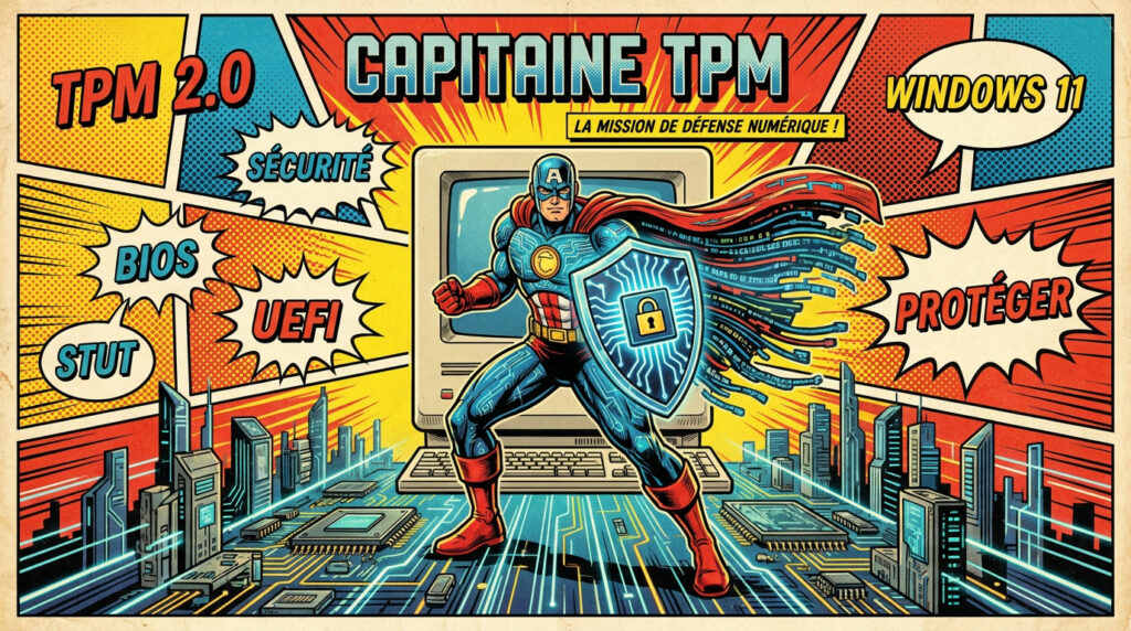 Illustration comics rétro de TPM 2.0 protégeant un PC avec les mots Sécurité, BIOS et Windows 11