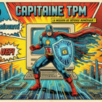Illustration comics rétro de TPM 2.0 protégeant un PC avec les mots Sécurité, BIOS et Windows 11