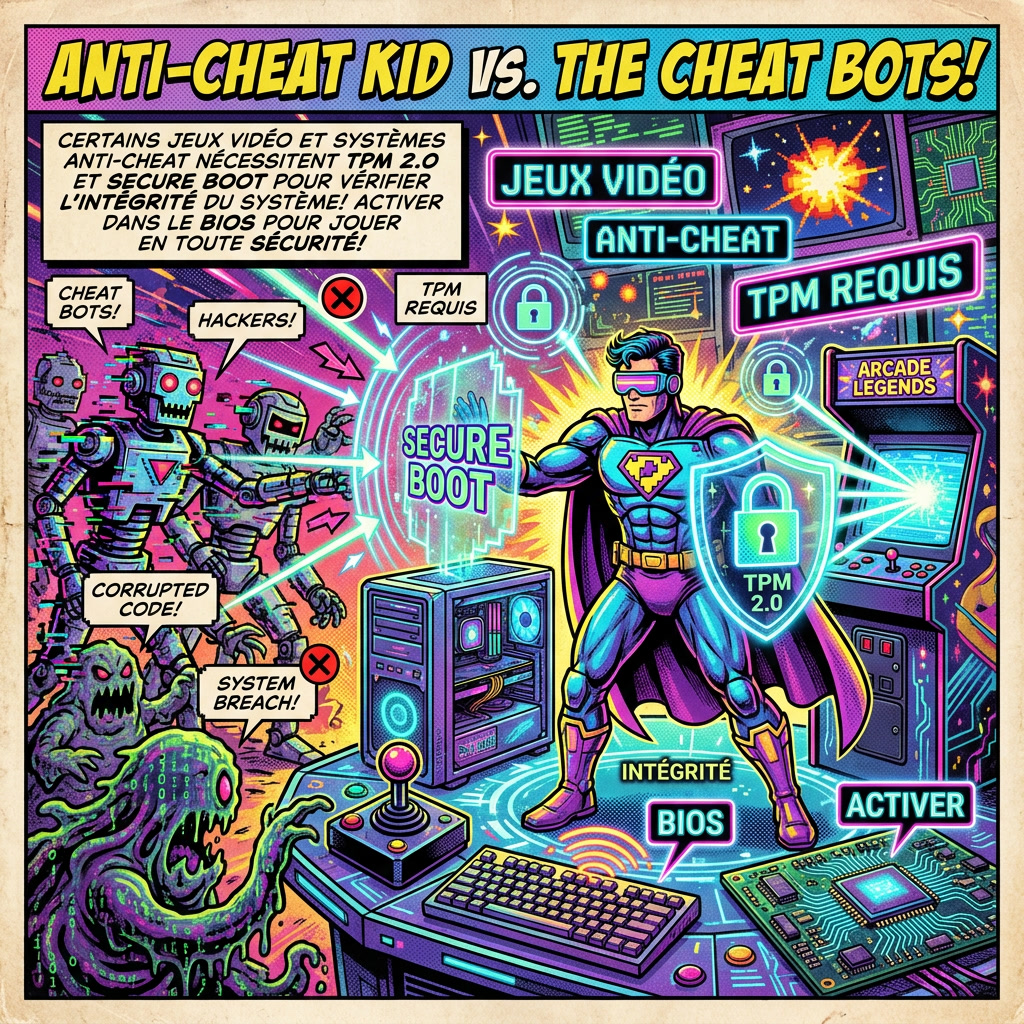 Infographie comics montrant TPM 2.0 et Secure Boot utilisés par les anti-cheats de jeux vidéo