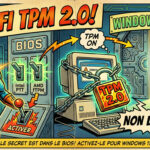 Illustration comics rétro montrant TPM 2.0 qui bloque Windows 11 avec BIOS, Intel PTT et AMD fTPM