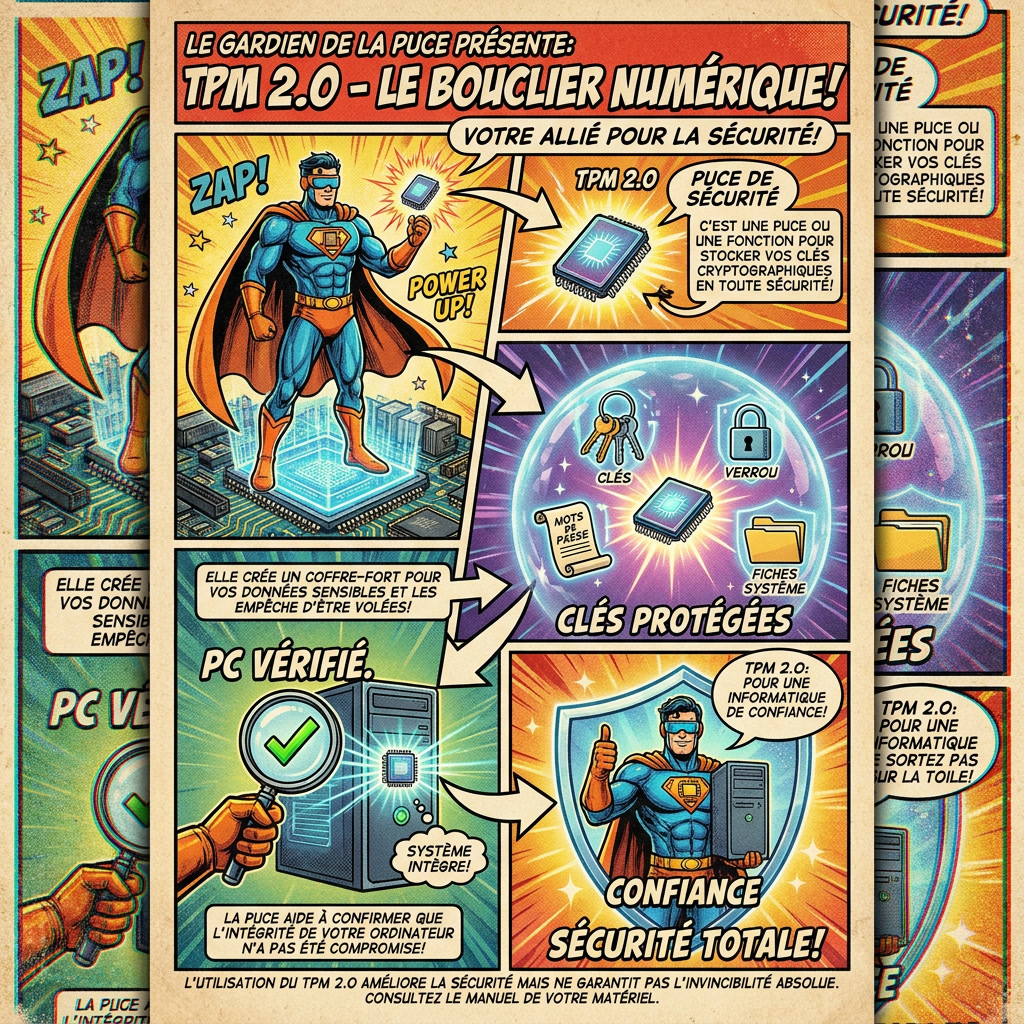 Infographie comics expliquant TPM 2.0 comme une puce de sécurité protégeant les clés du PC