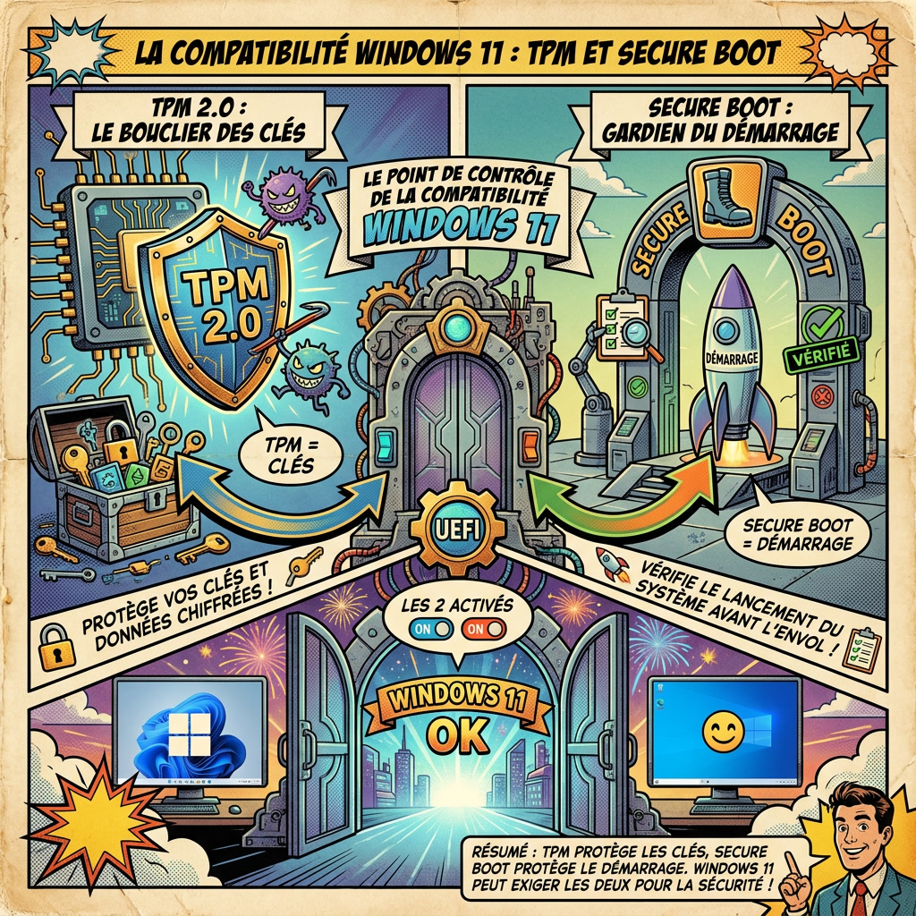 Infographie comics expliquant la différence entre TPM 2.0 et Secure Boot pour Windows 11
