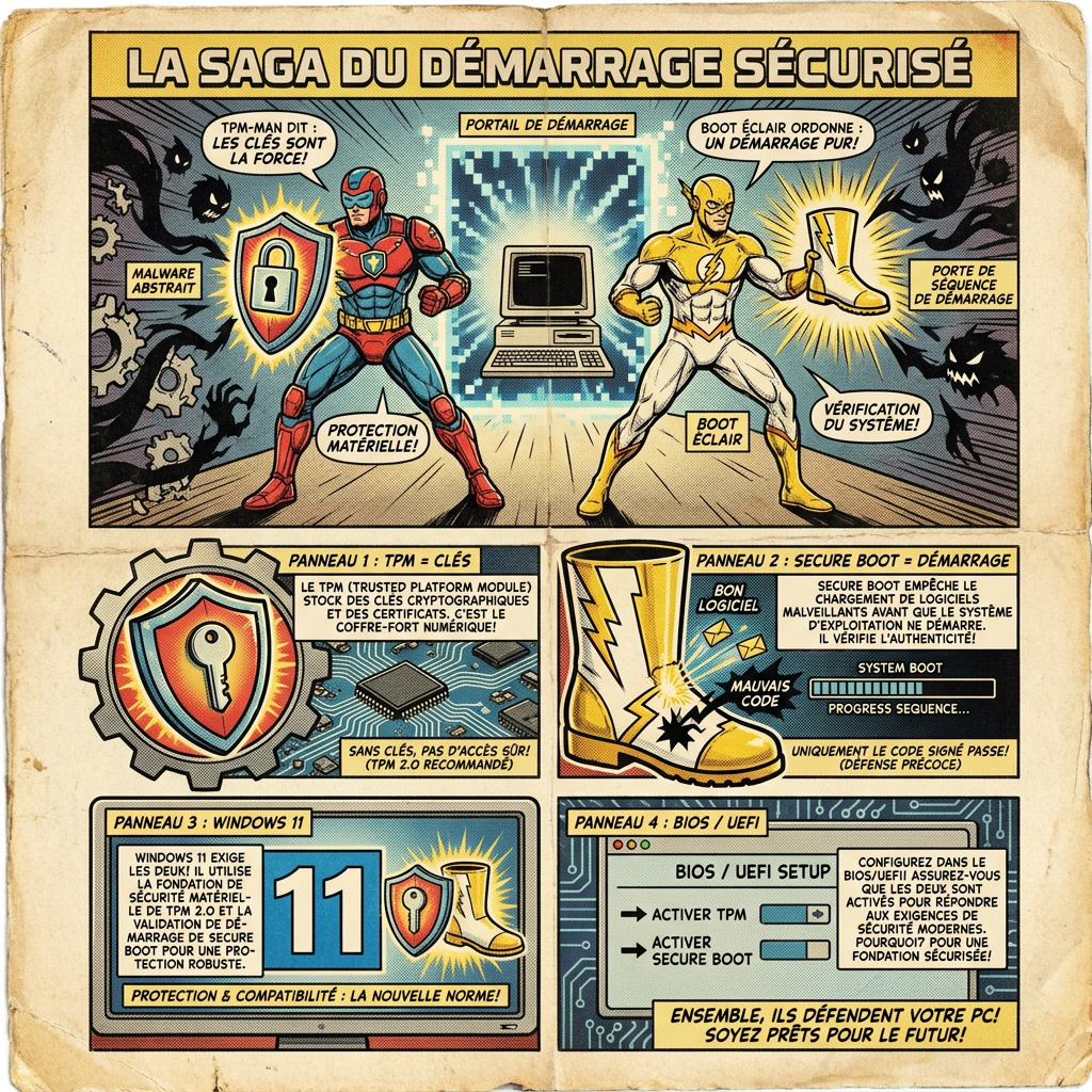 Infographie comics sur le lien entre TPM 2.0, Windows 11 et Secure Boot
