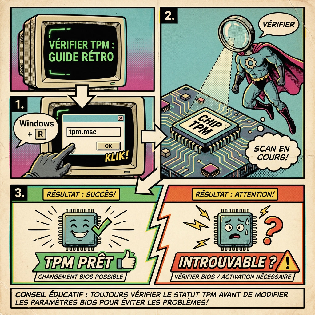 Infographie comics expliquant comment vérifier TPM 2.0 avec tpm.msc sur Windows 11