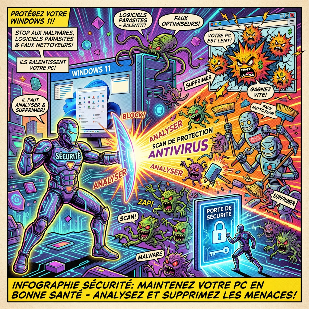 Infographie comics montrant les malwares et logiciels parasites qui ralentissent Windows 11