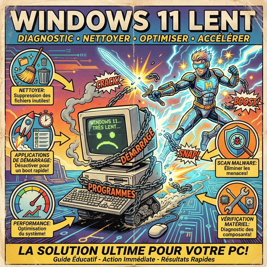 Illustration comics rétro montrant un PC Windows 11 lent accéléré par des solutions simples