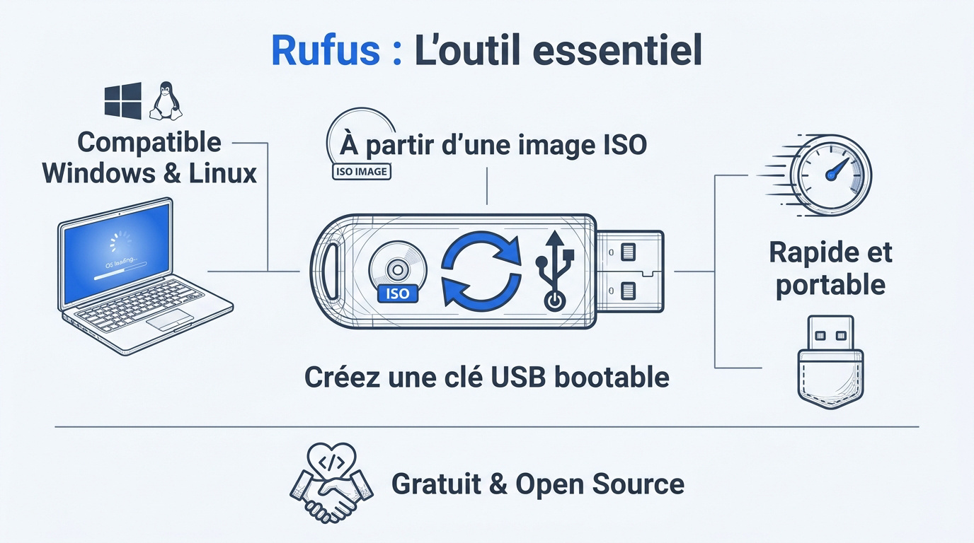 Interface du logiciel Rufus pour la création d'une clé USB bootable