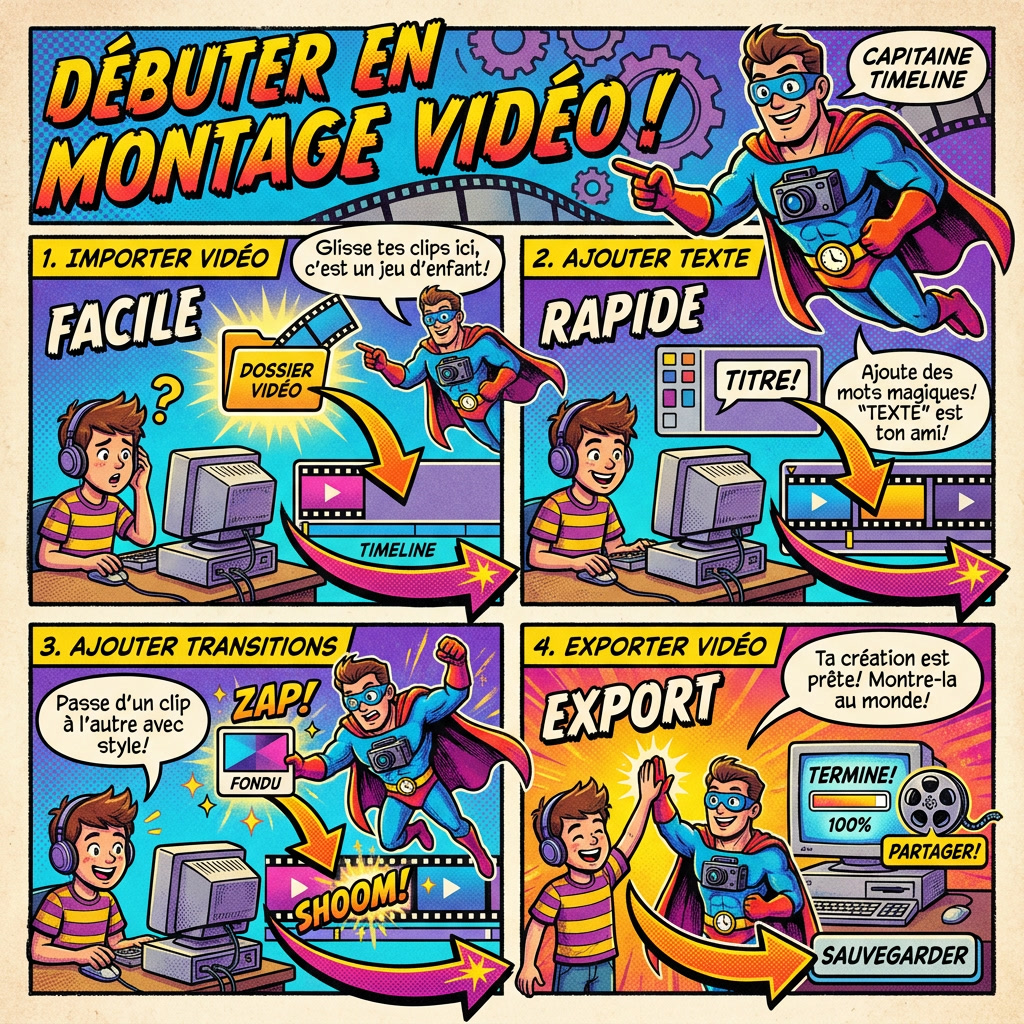 Infographie comics montrant un logiciel de montage vidéo facile pour débuter