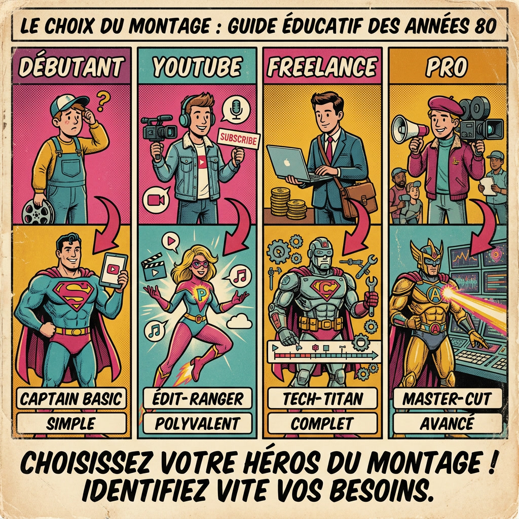 Infographie comics comparant les logiciels de montage vidéo selon le niveau de l’utilisateur