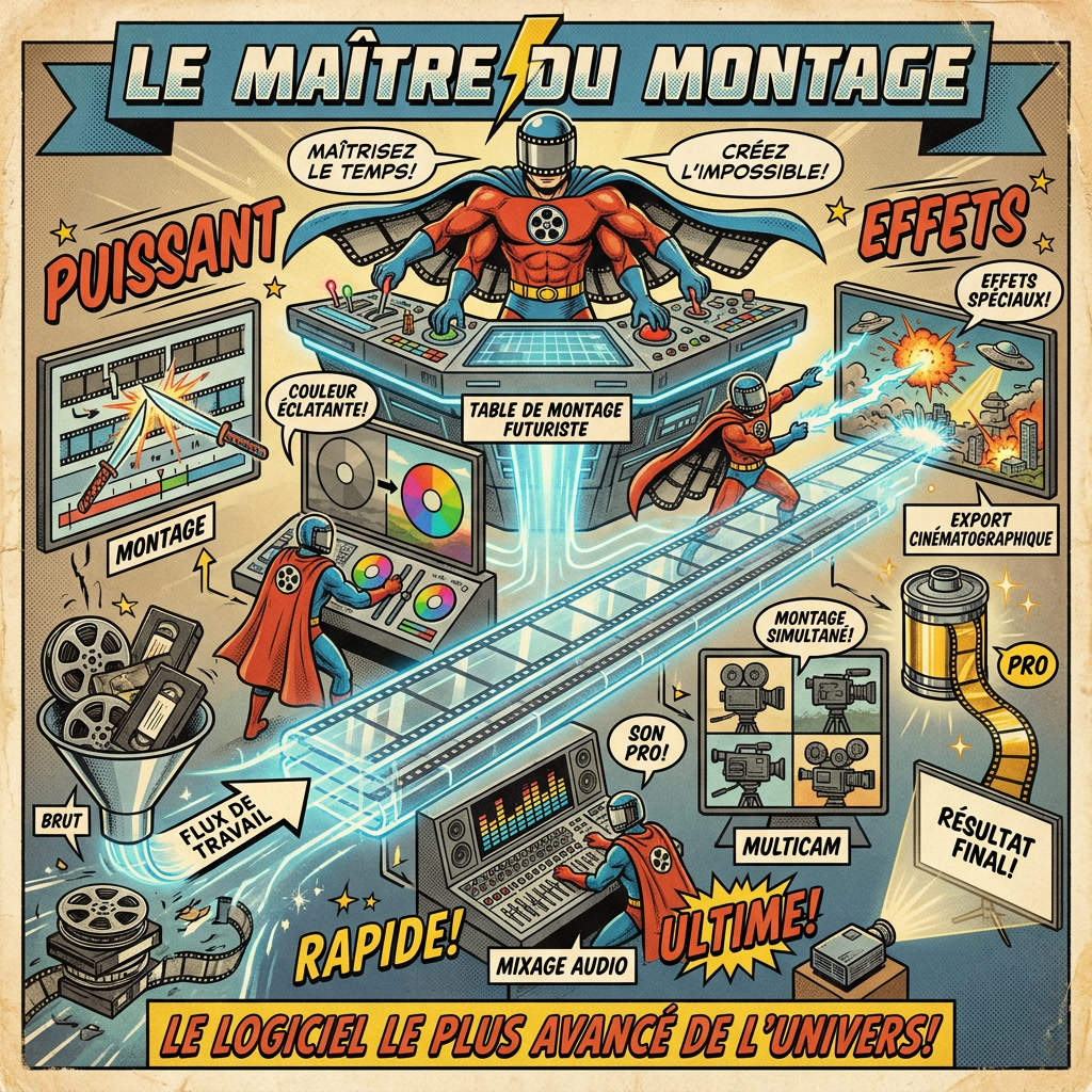 Infographie comics montrant DaVinci Resolve pour le montage vidéo avancé