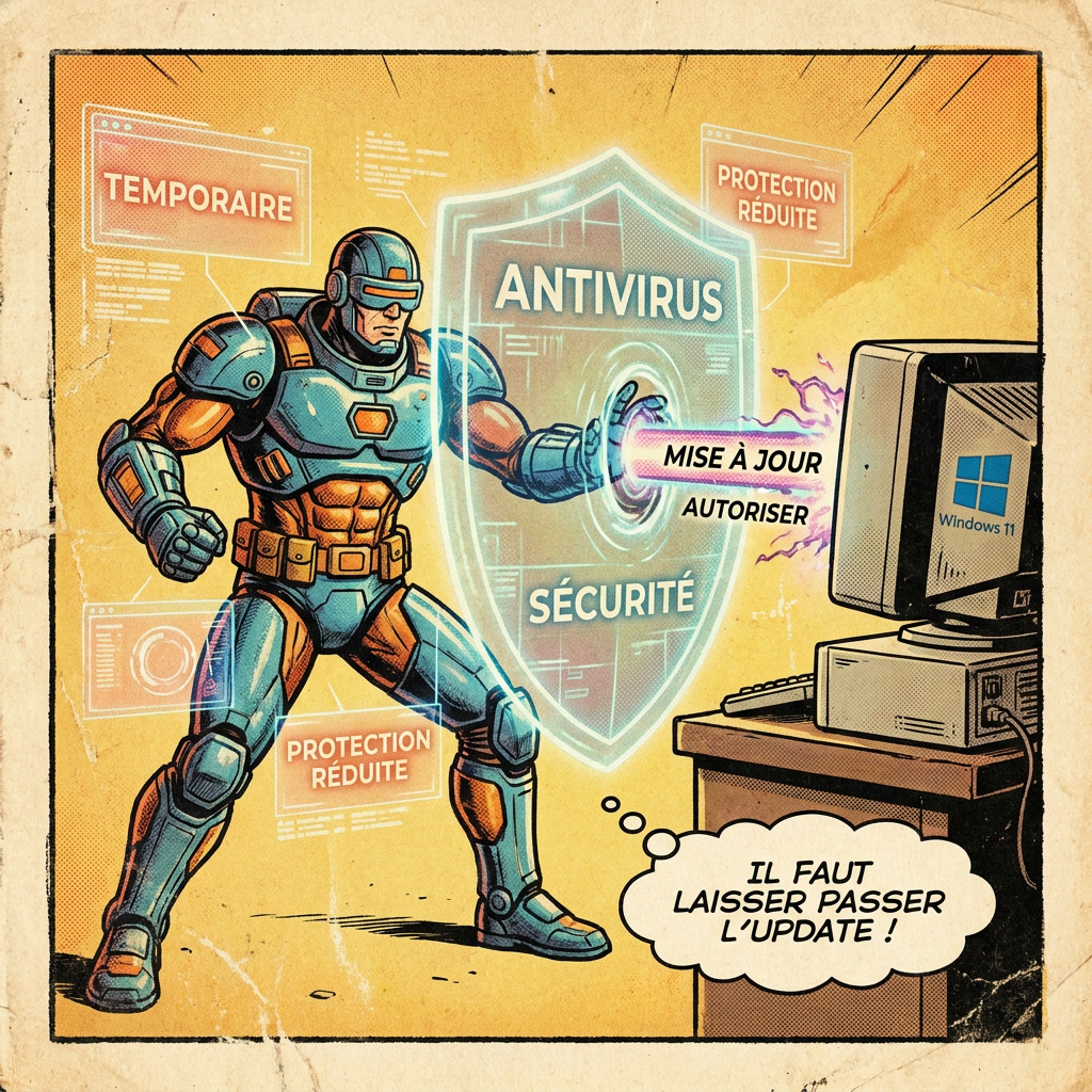 Super-héros cybersécurité désactivant temporairement une protection antivirus.