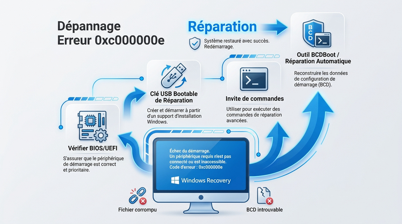 Écran de récupération Windows affichant l'erreur de démarrage 0xc000000e