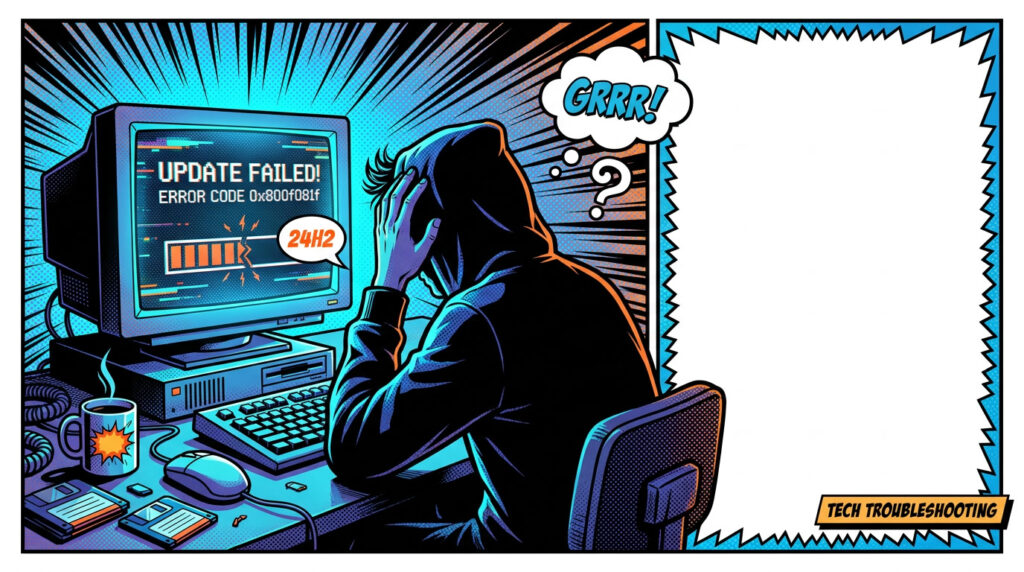 Illustration rétro comics d’un PC affichant une erreur d’installation de Windows 11 24H2.