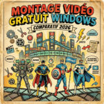 Illustration comics années 80 présentant les meilleurs logiciels de montage vidéo gratuits sur Windows