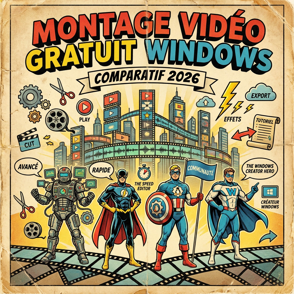 Illustration comics années 80 présentant les meilleurs logiciels de montage vidéo gratuits sur Windows
