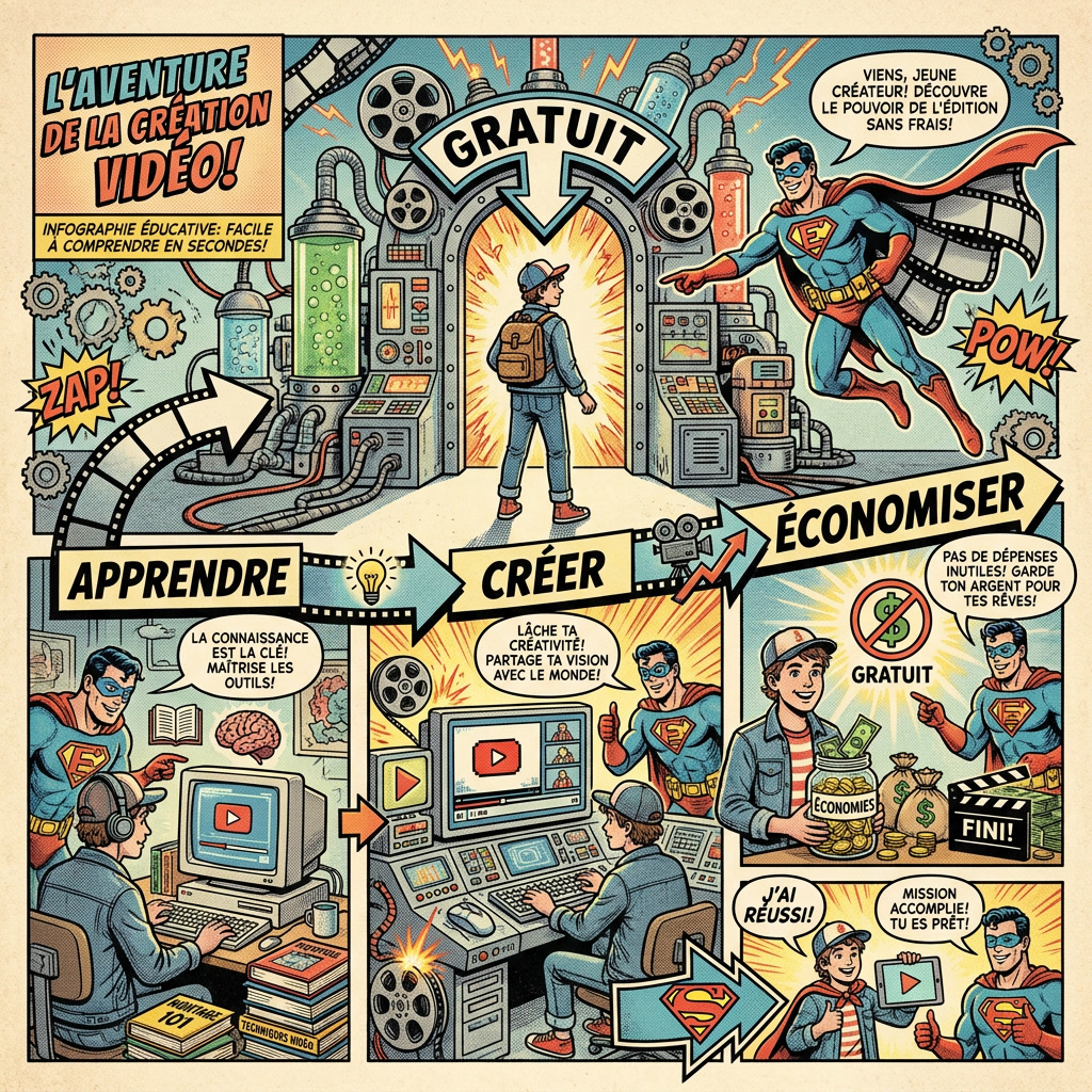Infographie comics expliquant les avantages des logiciels de montage vidéo gratuits