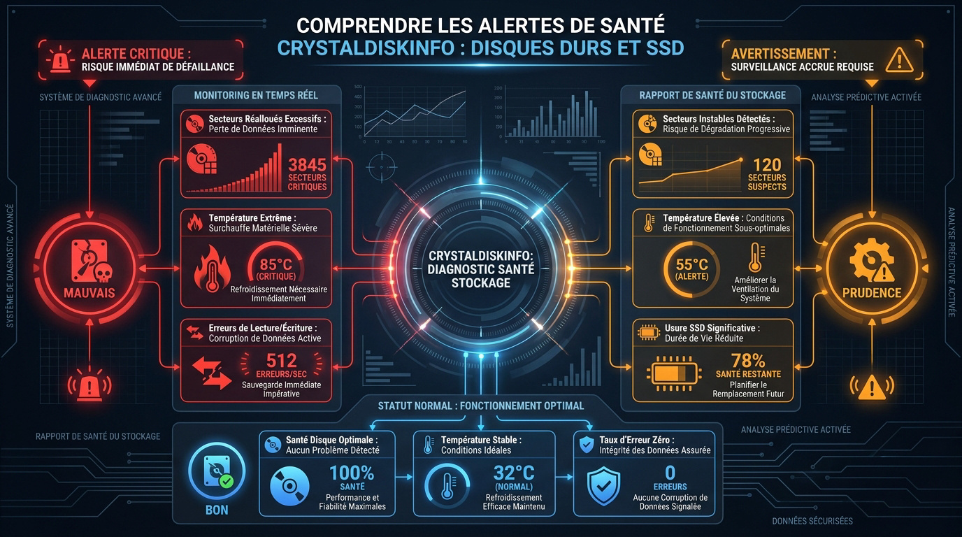 Interface de CrystalDiskInfo affichant les statuts de santé SMART d'un disque dur
