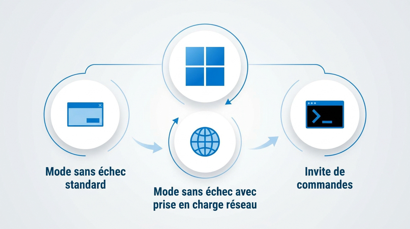 Interface des options de démarrage de Windows 11 incluant le mode sans échec, réseau et invite de commandes