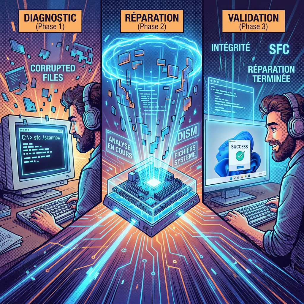 Réparation des fichiers système Windows 11 avec les commandes SFC et DISM.