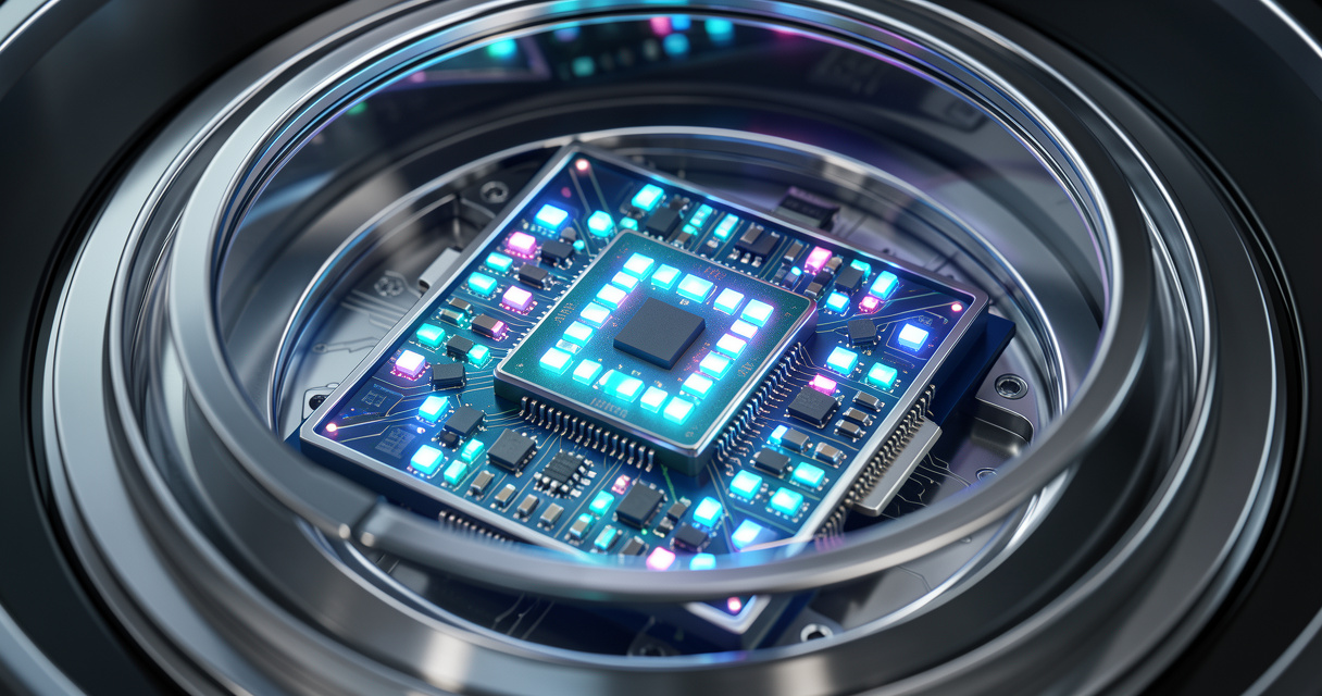 Processeur quantique avec qubits lumineux dans une chambre cryogénique – illustration informatique quantique