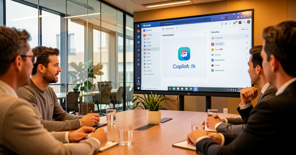Réunion d'équipe avec écran affichant Microsoft Teams et l'icône Copilot, illustration collaboration professionnelle