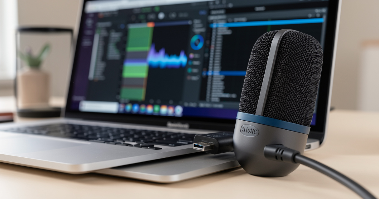 Micro USB Blue Yeti branché sur un PC portable avec Audacity ouvert sur Windows 11