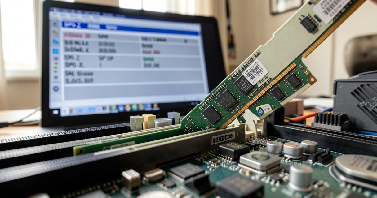Barrette RAM installée sur carte mère avec écran affichant CPU-Z SPD