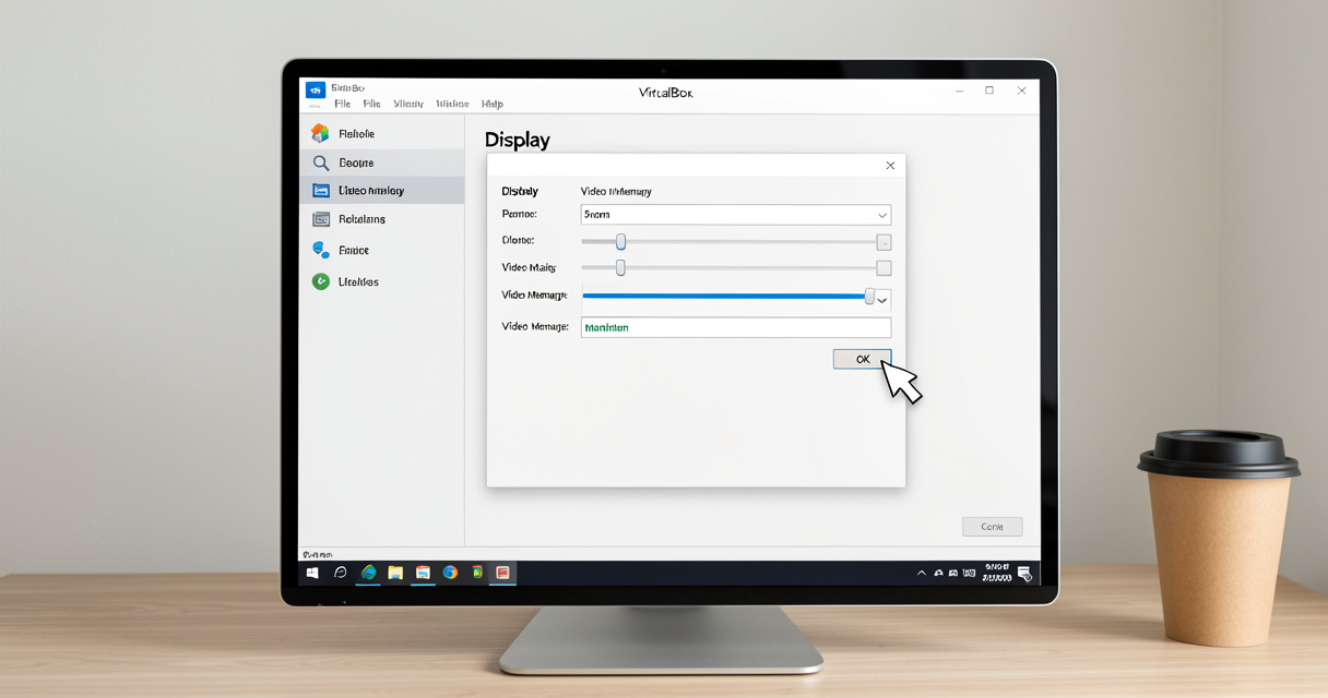Interface des paramètres VirtualBox affichant le réglage de la mémoire vidéo au maximum